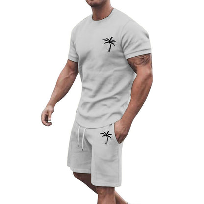 Men's Summer Two-Piece Set with Palm Tree Print - T-Shirt and Shorts