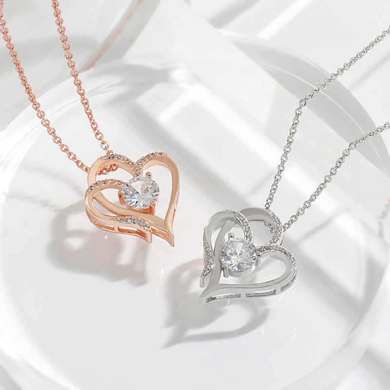 Double Heart Crystal Pendant Necklace – Available in Rose Gold and Silver