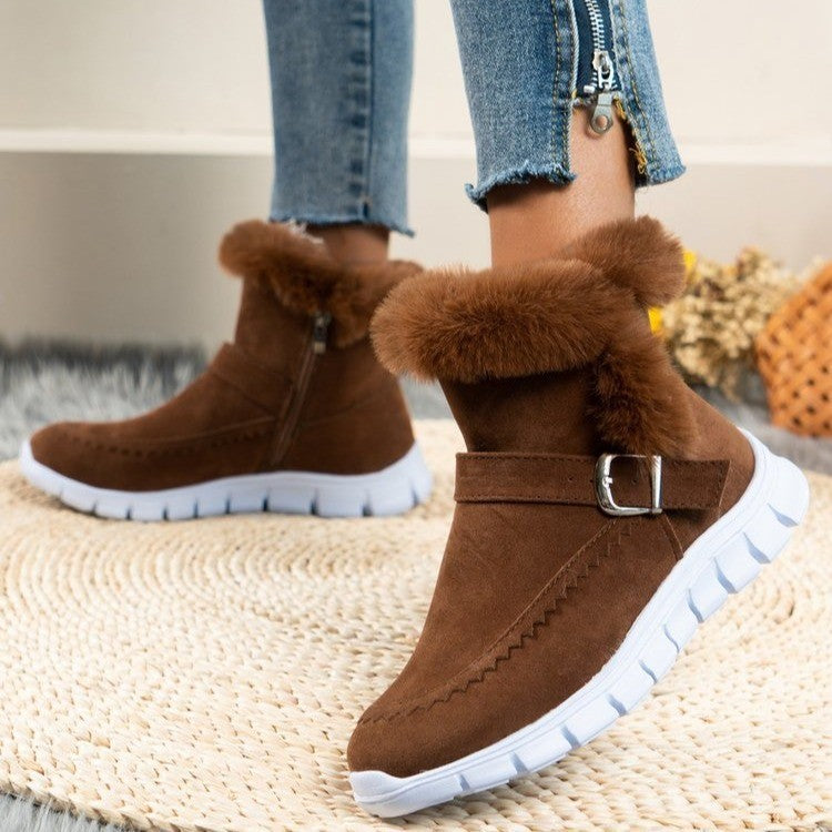 Women's plush ankle winter boots in dark brown, showcasing buckle design and durable non-slip sole, side view.