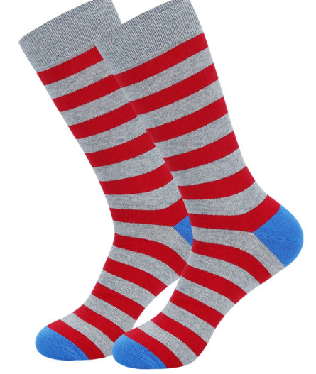 Red and Grey Striped Dress Socks with Blue Accents – Comfortable and Stylish