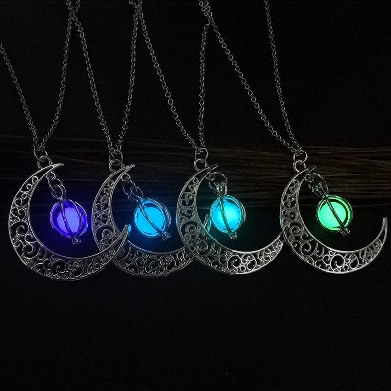 Luminous Crescent Moon Necklace with Glowing Orb Pendant