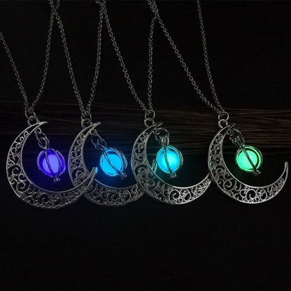 Luminous Crescent Moon Necklace with Glowing Orb Pendant