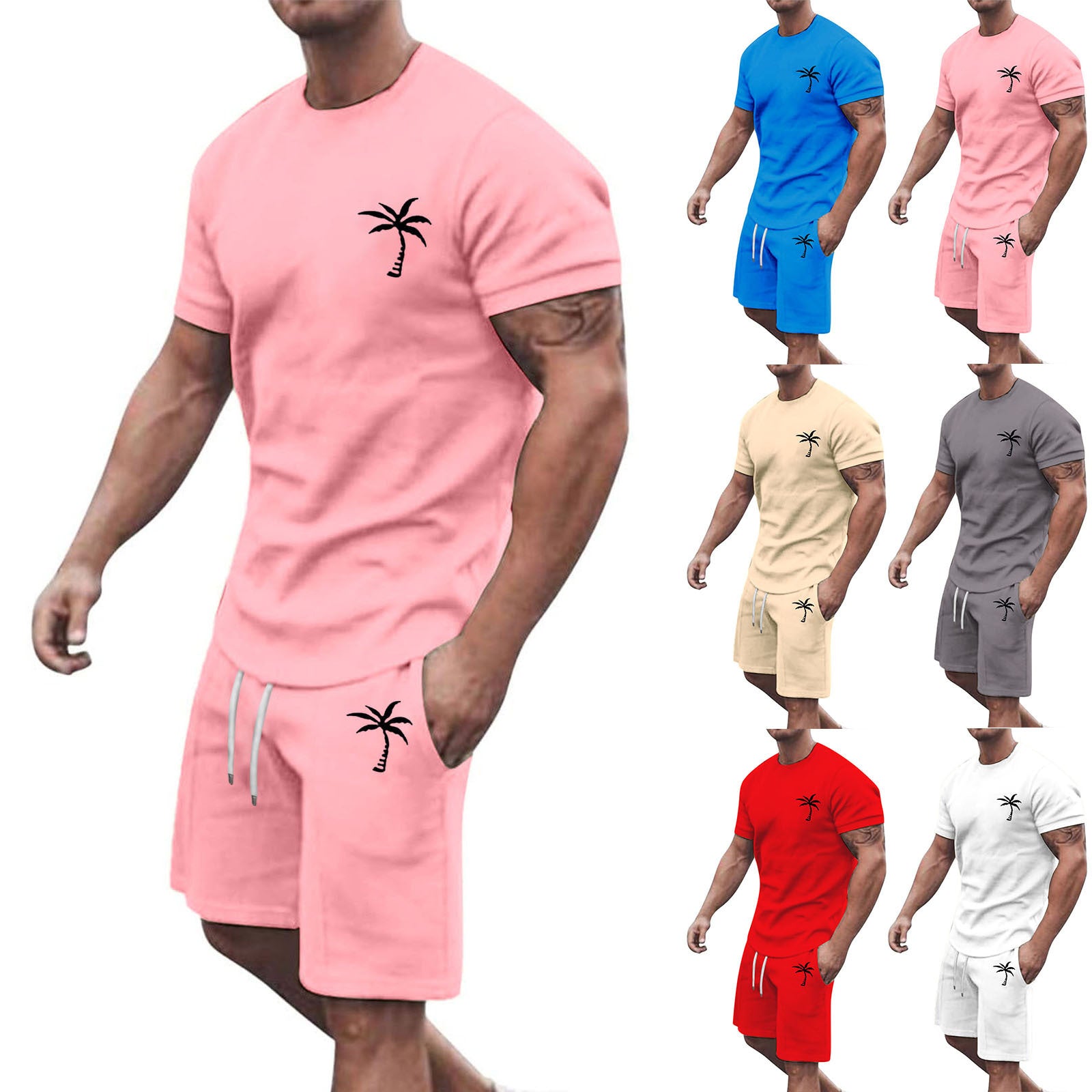 A person is wearing the Men's Summer Two-Piece Set with Palm Tree Print, featuring a light pink color. This outfit, consisting of a T-shirt and shorts, is available in six other colors: blue, beige, gray, red, green, and black. It's crafted from breathable material to ensure optimal comfort and style.