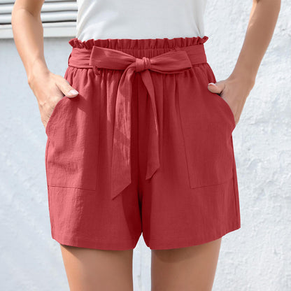 Women's High-Waisted Tie-Belt Casual Shorts with Pockets