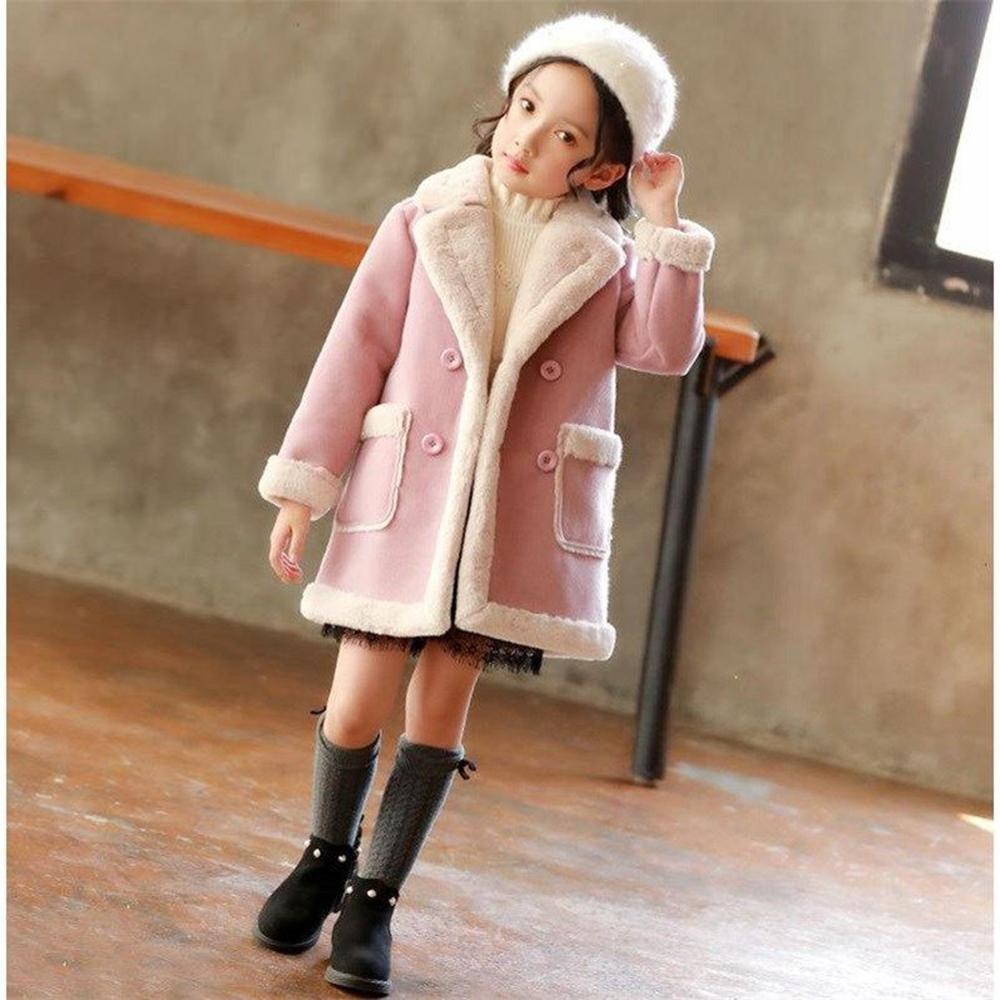 Girls' Faux Fur Trimmed Winter Coat - Double-Breasted Jacket