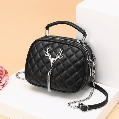 One-Shoulder Large Capacity Handbag Black Front Deer Left Aspect