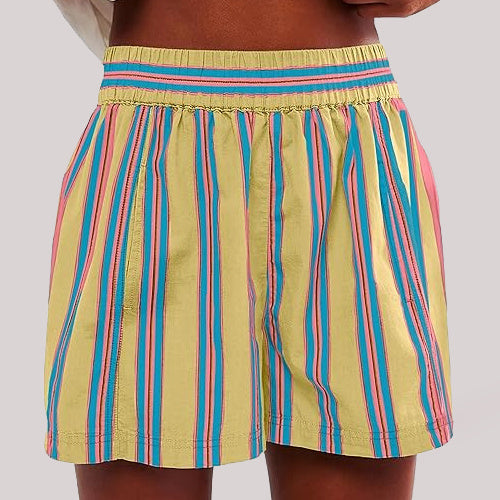 Y2K Stripe Print Shorts Summer Fashion Elastic Beach Pants With Pockets Womens Clothing