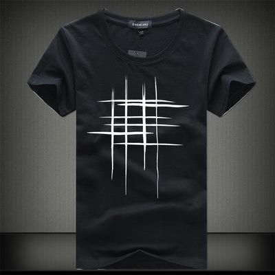 Introducing our High-Quality Cotton Short-Sleeved T-Shirts in black, adorned with an abstract white design of intersecting lines that create a grid-like pattern on the front. The added gray background provides a subtle texture. For the ideal fit, please refer to our size chart.