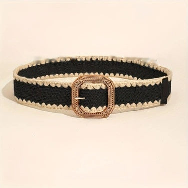 European and American style elastic belt with a wooden buckle and PP grass texture.