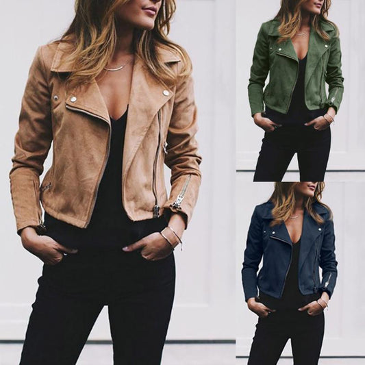 A woman wearing CJ’S stylish Lapel And Diagonal Zipper Short Women's Clothing in tan over a black top and black pants exudes casual elegance. Beside her are two smaller images showcasing the same polyester jacket in green and navy blue. She has her hands in her pockets, effortlessly highlighting chic women's fashion.