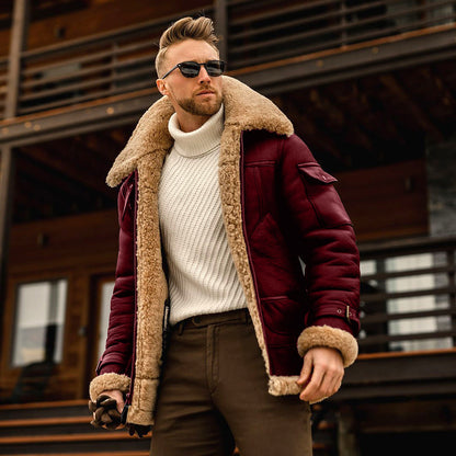 Model wearing wine red Military Warm Fleece Jacket