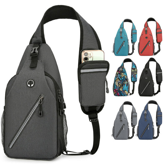 A prominently displayed CJ'S Men's Multifunctional Canvas Crossbody Bag showcases its durable design, featuring multiple compartments and a high-quality front pocket that securely holds a smartphone. Smaller images to the right reveal this versatile shoulder and messenger bag in an array of colors and patterns, including red, teal, blue, floral, and black.