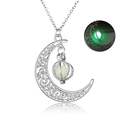 Luminous Crescent Moon Necklace with Glowing Orb Pendant