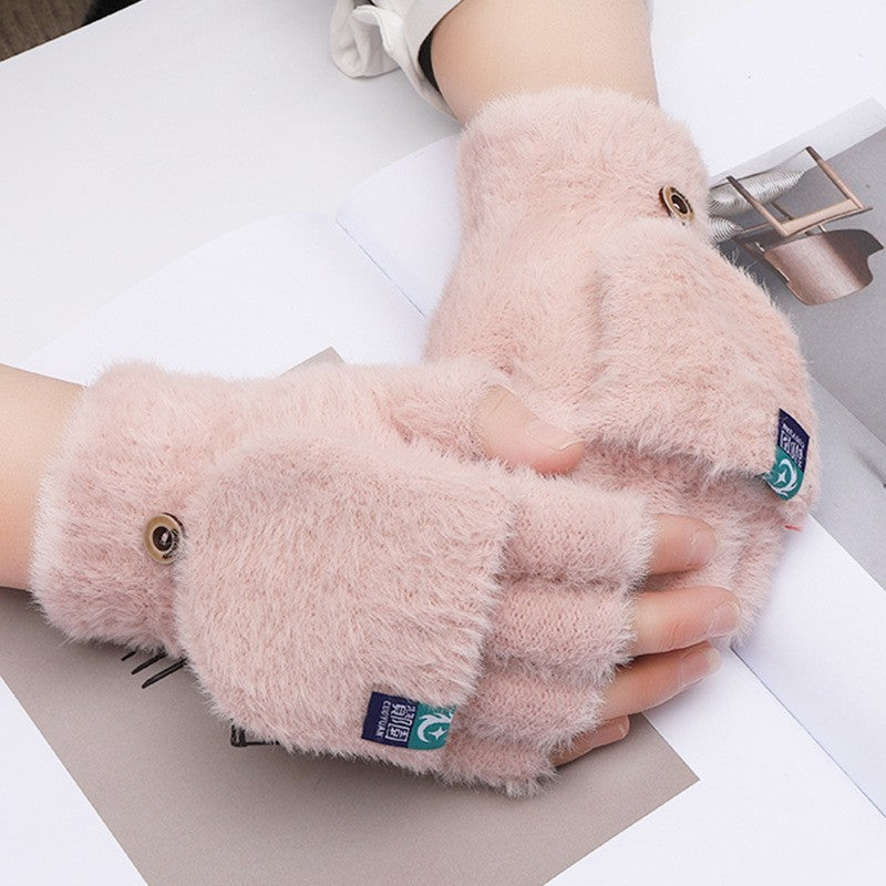 Plush winter flip gloves with exposed fingers – warm and cozy for students.