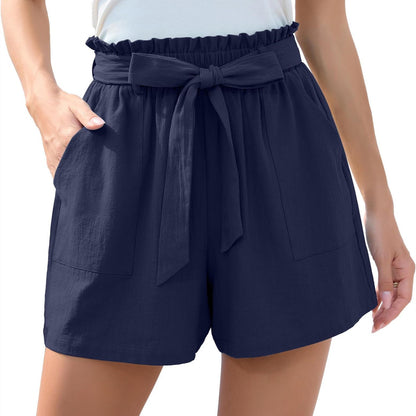 Women's High-Waisted Tie-Belt Casual Shorts with Pockets