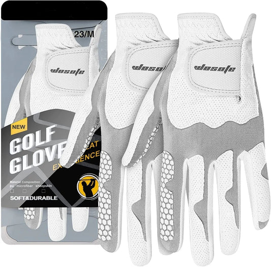 A package containing a pair of white and gray golf gloves with the brand name "Zendrop" displayed on both the gloves and the packaging. The packaging features text highlighting the sheepskin elastic Lycra for softness and durability. These Sheepskin Elastic Lycra Breathable Golf Gloves, perfect golf accessories, also have a textured palm area for enhanced grip.