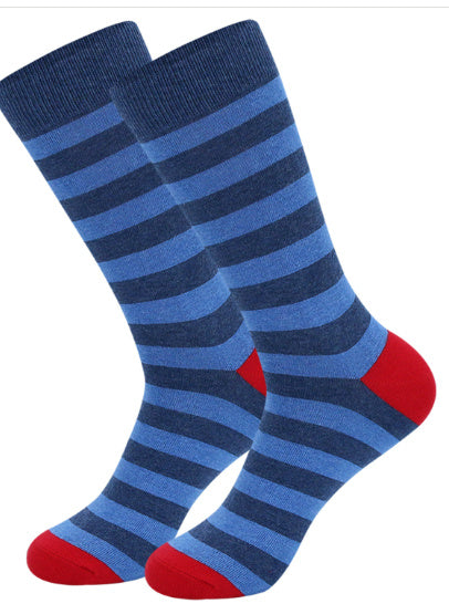 Red and Grey Striped Dress Socks with Blue Accents – Comfortable and Stylish