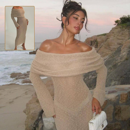 A woman poses outdoors near a rocky coastline at sunset, donning the CJ'S New One-shoulder Knitted Long-sleeved Sexy Beach Holiday Long Dress. Her dark hair is tied up, and she holds a white handbag in one hand. The inset provides a close-up of the textured beige fabric and high-waist design of her dress.