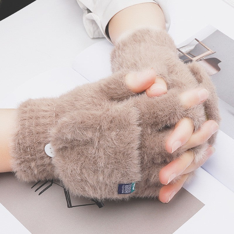 Plush winter flip gloves with exposed fingers – warm and cozy for students.