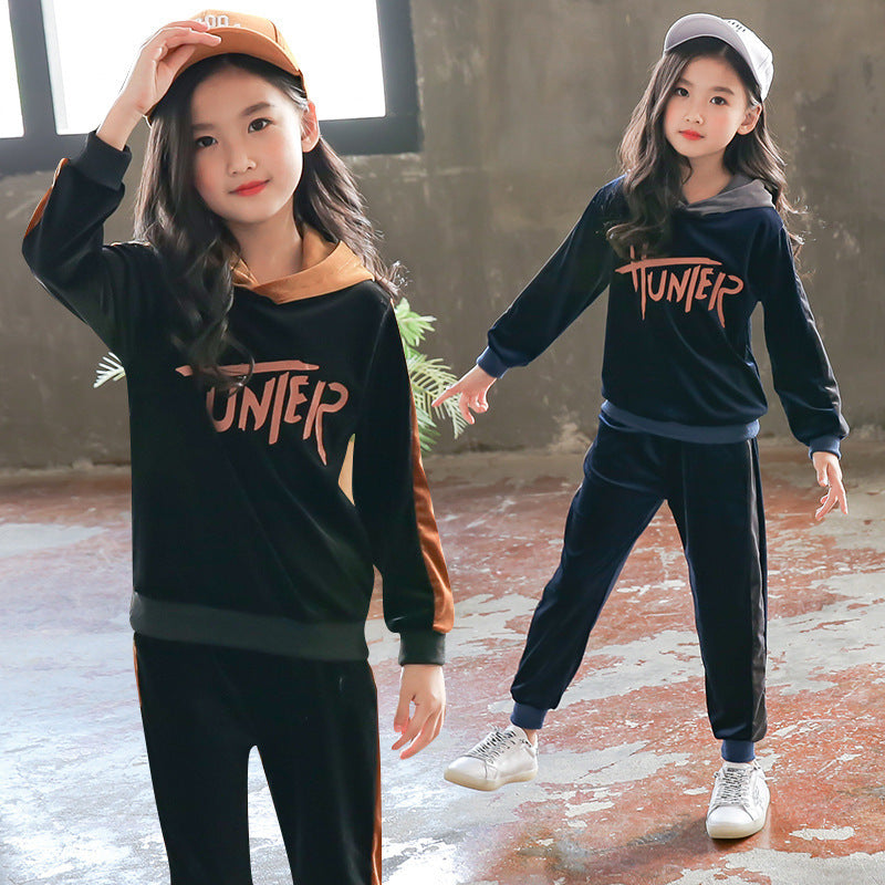 Girls' Velvet Hooded Tracksuit - Sporty Two-Piece Set