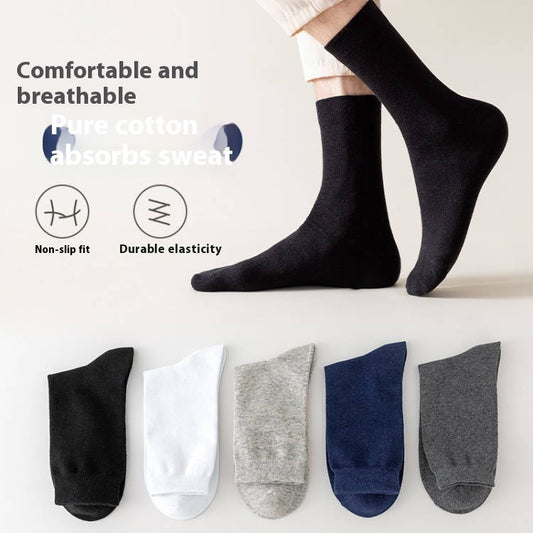 A person is pictured wearing CJ'S Breathable Cotton Socks in black, with additional pairs available in white, gray, blue, and dark gray displayed beneath. The accompanying text emphasizes their "Comfortable and sweat-absorbing design," featuring icons for a "Non-slip fit" and "Durable elasticity.