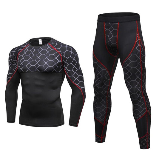 Men's Athletic Compression Set featuring a geometric-patterned, black and red long-sleeved top and leggings, designed from moisture-wicking fabric for optimal muscle support.