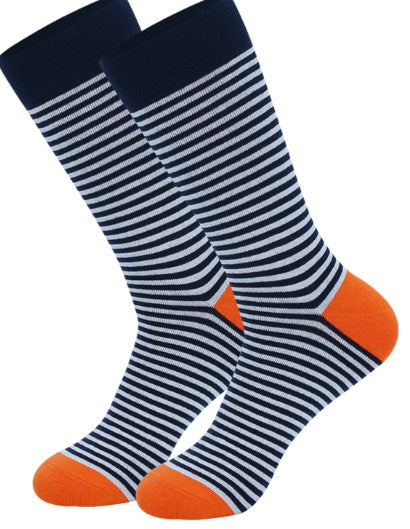 Red and Grey Striped Dress Socks with Blue Accents – Comfortable and Stylish