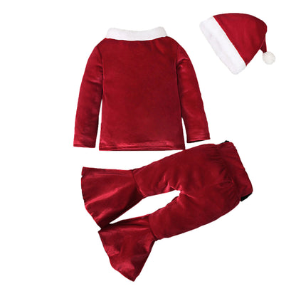 Girls' Santa-Inspired Christmas Outfit - Red Velvet Bell-Bottom Set