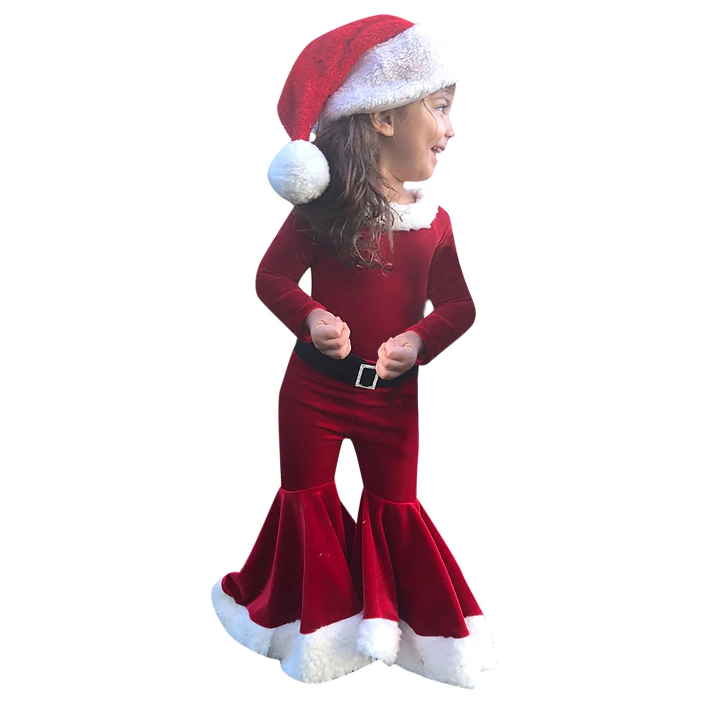 Girls' Santa-Inspired Christmas Outfit - Red Velvet Bell-Bottom Set