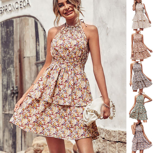 Women's Boho Halter Backless Dress - Summer Printed Ruffle A-Line