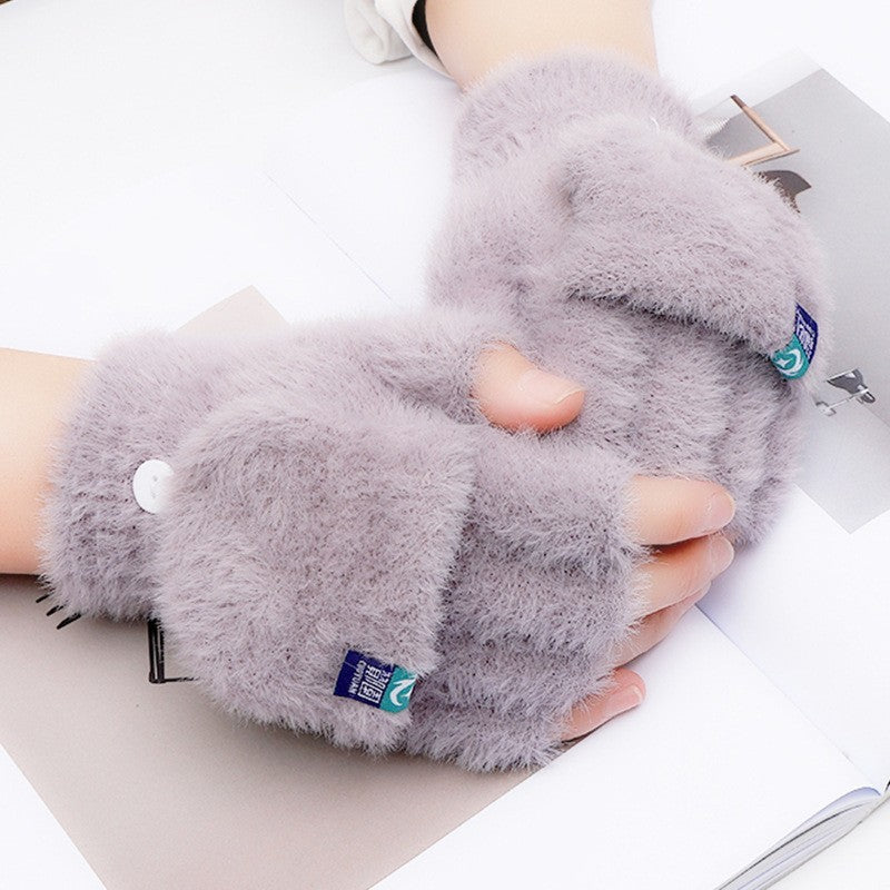 Plush winter flip gloves with exposed fingers – warm and cozy for students.