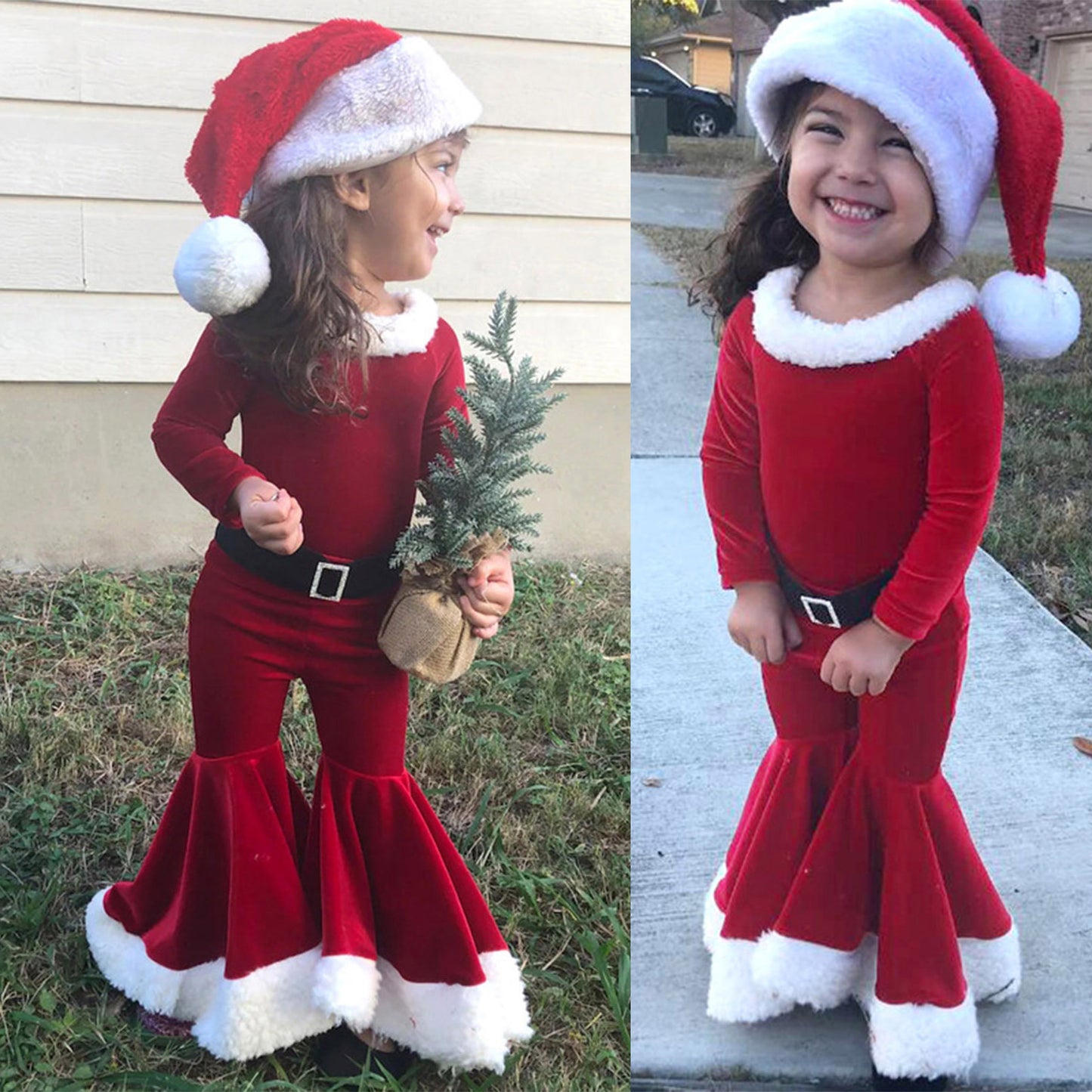 Girls' Santa-Inspired Christmas Outfit - Red Velvet Bell-Bottom Set