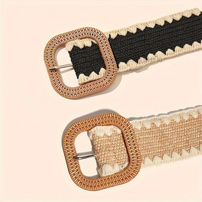 European and American style elastic belt with a wooden buckle and PP grass texture.