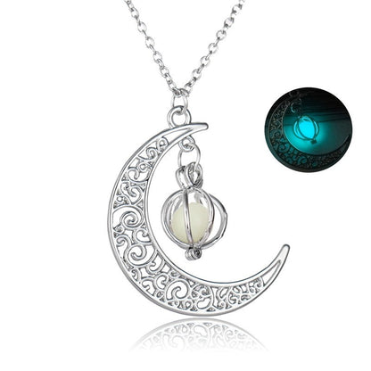 Luminous Crescent Moon Necklace with Glowing Orb Pendant