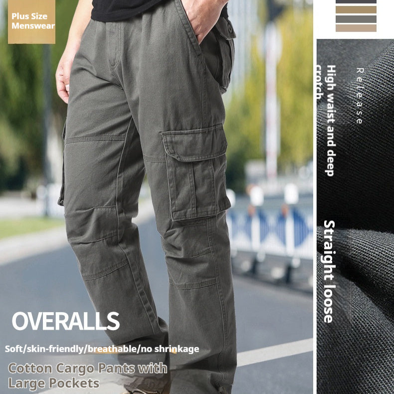 A person dressed in Men's Plus-Size Cotton Cargo Pants - Comfortable and Functional stands amidst an outdoor setting in olive green. The pants, featuring large pockets, provide a blend of style and practicality against a slightly blurred backdrop of greenery and a pathway. Made from soft, breathable cotton, these cargo pants are designed to prevent shrinking.