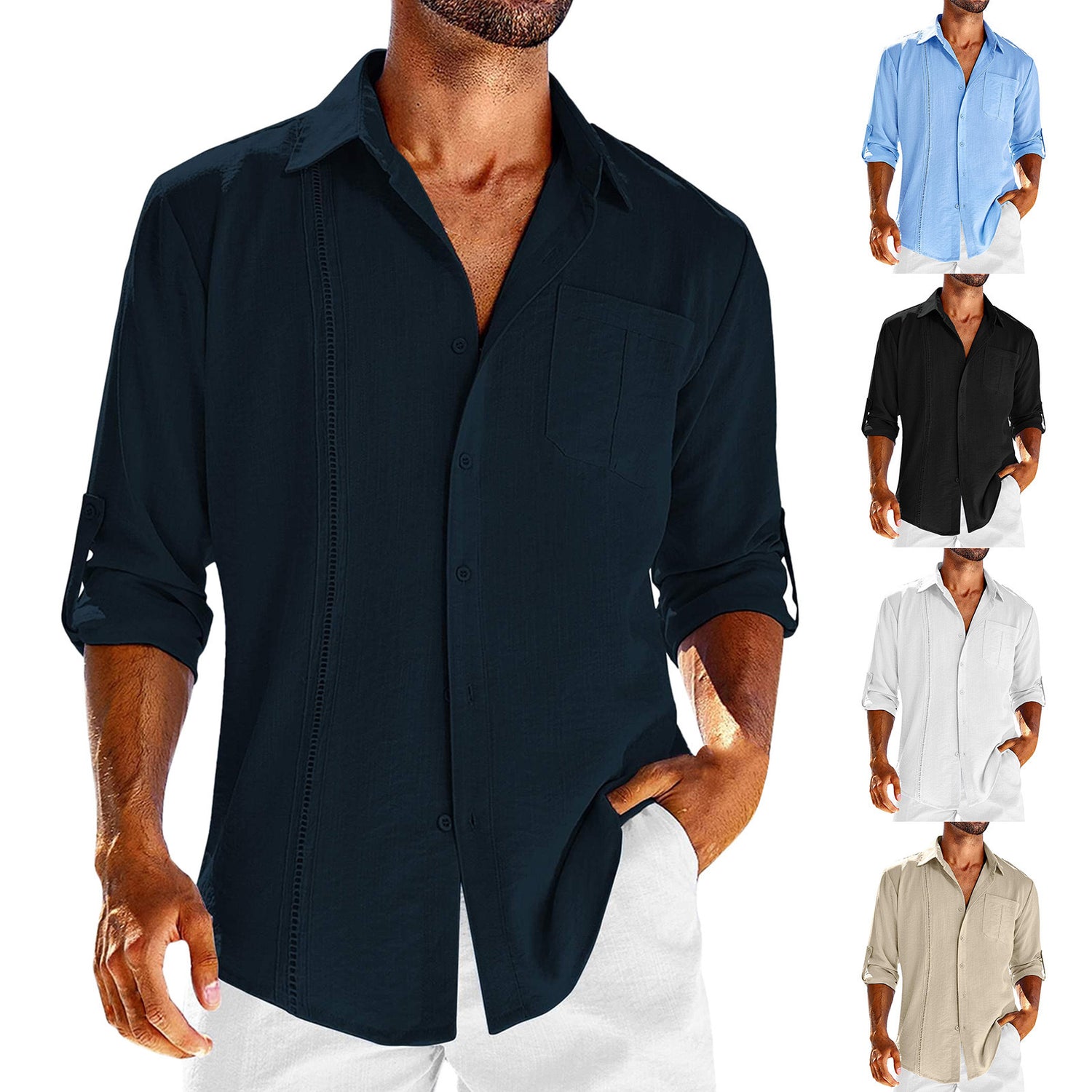 A person wears a men's casual lightweight button-up shirt with roll-up sleeves in navy blue, paired with white pants. The shirt features a front pocket. In addition, the shirt is available in light blue, black, white, and beige colors.