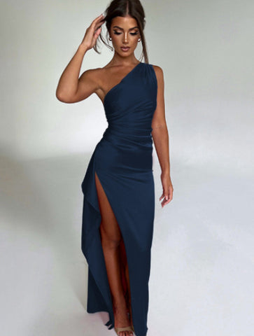 Women's Sexy One-Shoulder Satin Slit Dress - Elegant Slim-Fit Summer Style