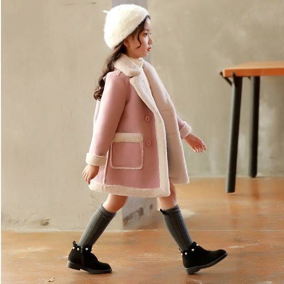 Girls' Faux Fur Trimmed Winter Coat - Double-Breasted Jacket