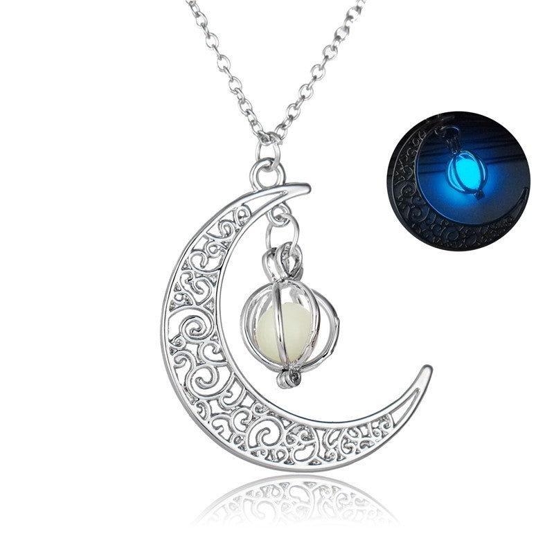 Luminous Crescent Moon Necklace with Glowing Orb Pendant