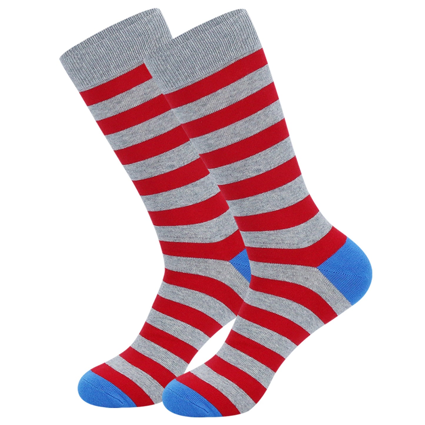 Introducing Men's Stockings Plus Size Stripes by Zendrop—a pair of men's crew socks featuring horizontal red and gray stripes, complemented by solid blue cuffs, heels, and toes. These high cylinder cotton socks offer both style and comfort.