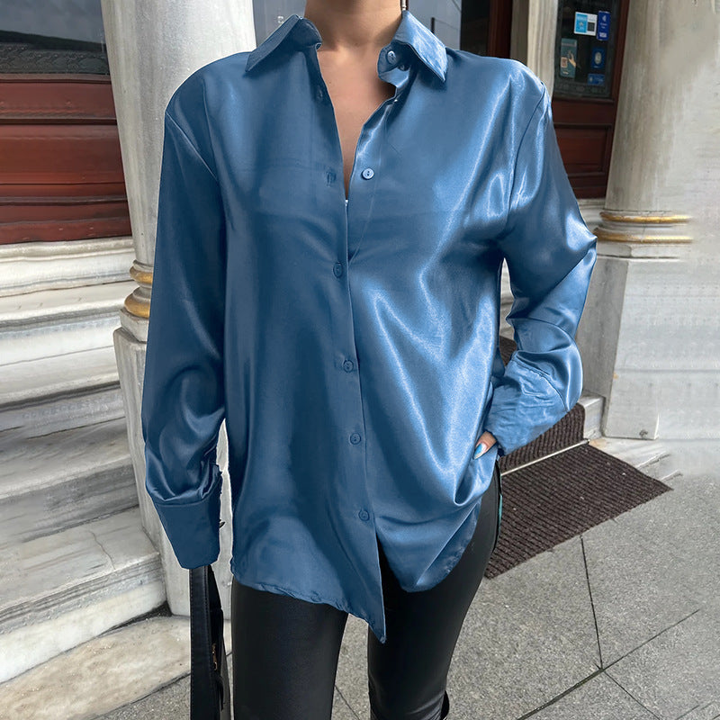 Graceful slim-fit satin shirt in European and American style, glossy finish.