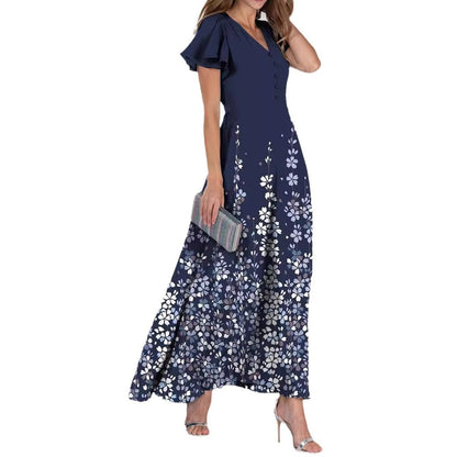 Floral print detail on Women's V-neck Waist-slimming Pastoral Dress