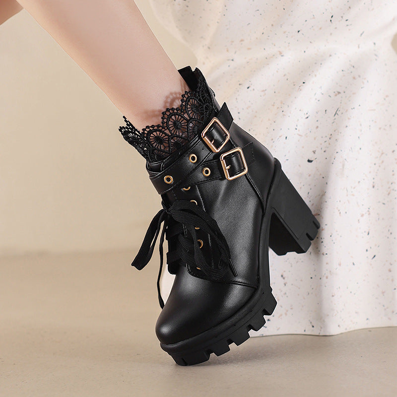 Close-up of Women's Platform Retro Lace Up Boots lace and buckle details