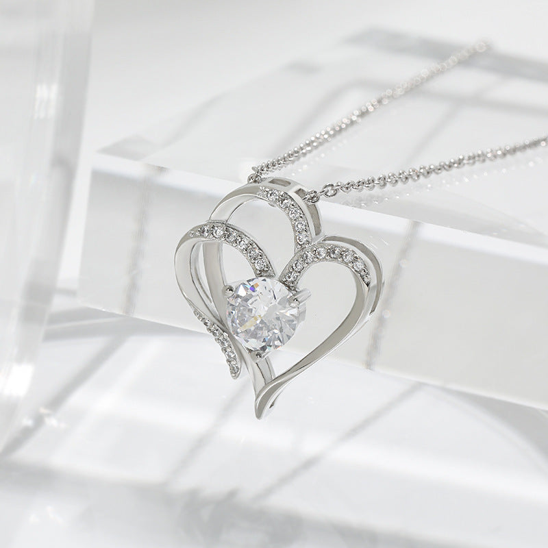 Double Heart Crystal Pendant Necklace – Available in Rose Gold and Silver