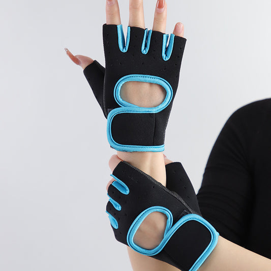 A person wearing Zendrop Sports Cycling Half-finger Fitness Gloves, which are black with light blue trim. One hand is raised while the other displays the glove's palm side, highlighting two large cutouts for ventilation. Made from a blend of polyester and neoprene, these gloves stand out against the neutral, unobtrusive background.