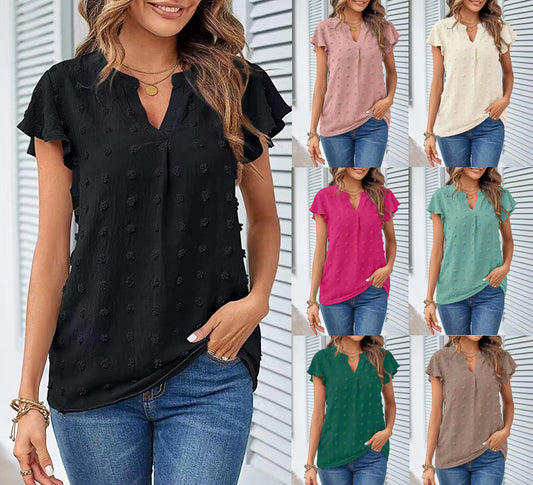 A woman is pictured wearing the CJ'S Women Summer V Neck Ruffle Short Sleeve Blouse Dot Flowy Shirt Top in black, paired with blue jeans. She can also be seen modeling the same blouse in a variety of other colors, including light pink, beige, magenta, green, gray, and teal.