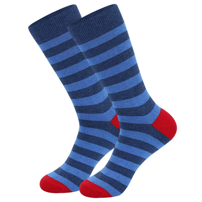 Red and Grey Striped Dress Socks with Blue Accents – Comfortable and Stylish