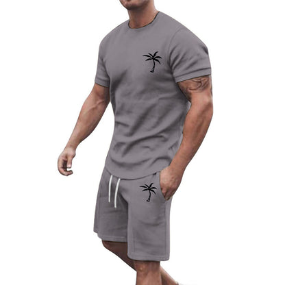 Men's Summer Two-Piece Set with Palm Tree Print - T-Shirt and Shorts