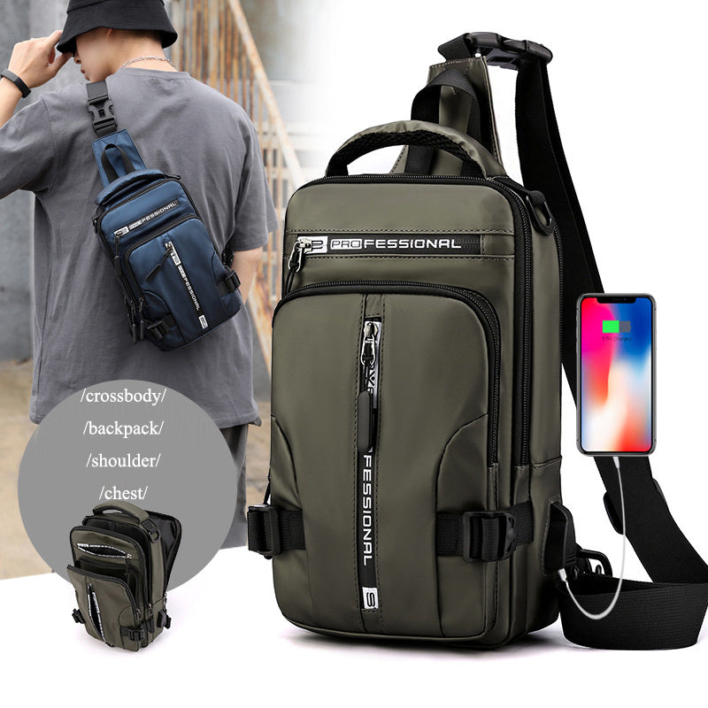 A person sporting the green "Men's Crossbody Bag with USB Charging Port – Versatile and Durable" by CJ'S. The water-resistant bag, adorned with the word "Professional," features multiple zippers and a built-in USB charging port connected to a smartphone. Insets include various angles of the bag as well as a blue version. Labels indicate its versatility for use as a crossbody, backpack, shoulder, or chest bag.