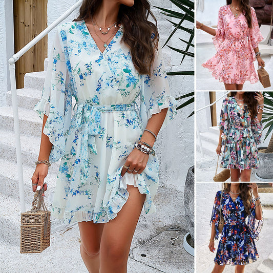 Women's Floral V-Neck Ruffle Dresses - Lace-Up Summer Short Sleeve